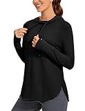 CRZ YOGA Workout Long Sleeve Shirt for Women Hoodie Pullover Athletic Hooded Long Sleeves Sports Gym Tops with Thumbhole Black Medium