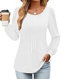 ZESICA Long Sleeve Shirts for Women Fall Tops Crew Neck Pleated Casual Tunic Blouses,White,Medium