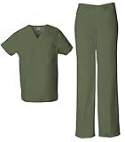 Dickies Scrub Set for Men & Women 3 Pockets, V-Neck Top 83706 and Natural Rise Drawstring Pant for Healthcare Heros 83006, Olive-M Top/M Pant