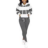 Nimsruc Two Piece Outfits For Women Jogging Suits Casual Tracksuit Hoodie Long Sleeve Sweatsuit Pants Sets Dark Gray White XL