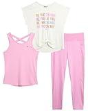 RBX Girls' Activewear Set - Short Sleeve Performance T-Shirt, Tank Top, and Capri Leggings (7-12), Size 10-12, White Pink