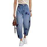 Barrel Jeans for Women Baggy Star Printed Horseshoe Jeans Mid Rise Wide Leg Cropped Ankle Denim Pants Blue