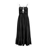 Almere Women's Summer Flowy Open Back Adjustable Tie Detail Maxi Dress (Medium, Black)