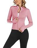 Aolpioon Women’s Long Sleeve Athletic Shirt Seamless Slim Fit Track Jacket for Fitness with Thumb Holes Yoga Tops Workout Jackets Pink L