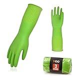 Vgo... 3-Pairs Dishwashing Gloves, Reusable Household Gloves, Kitchen Gloves, Long Sleeve, Thick Latex, Cleaning, Washing, Working, Painting, Gardening, Pet Care (Size L,Green, RB2143)