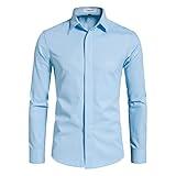 VANCOOG Men's Solid Long Sleeve Button Down Elegant Wedding Guest Dress Shirt-Light Blue-M