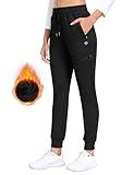 MoFiz Women's Fleece Lined Hiking Pants Water Resistant High Waisted Thermal Joggers Winter Running Sweatpants Zip Pockets Black L