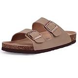 ODOLY Women's Cork Footbed Slide Sandal, Comfortable Summer Beach Sandals with Adjustable Buckle, Taupe Size 8-8.5