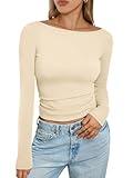 Trendy Queen Women's Long Sleeve Shirts Tight Going Out Tops Cute Cotton Dressy Casual Fall Outfits 2024 Apricot M