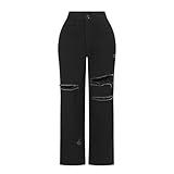 THUNDER STAR Womens High Waisted Wide Leg Jeans Stretchy Distressed Denim Pants Black M