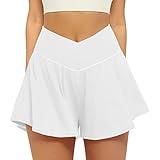 FireSwan Crossover Athletic Shorts for Women 2 in 1 Flowy Running Shorts with Pockets Spandex Butterfly Workout Tennis Skorts White