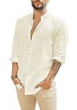 Makkrom Men Linen Shirt Button Down Long Sleeve Cotton Beach Band Collar Casual Summer Shirts