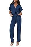 PRETTYGARDEN Women's Jumpsuit Casual Short Sleeve Wrap V Neck Belted Wide Leg Pants (Navy,XX-Large)