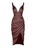 ZAFUL Women's Silky Pleated Draped Bustier Corset-Style Deep V Neck Midi Dress (A-Deep Coffee,X-Large)