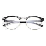 COASION Vintage Semi-Rimless Clear Glasses Fake Nerd Horn Rimmed Eyeglasses Frame (Bright Black/Silver Rimmed)