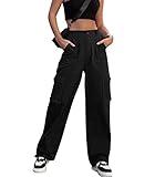 ZMPSIISA Women High Waisted Cargo Pants Wide Leg Casual Pants 6 Pockets Combat Military Trousers(Black,Small)