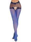 Miutii Womens Ultra Thin Oil Glossy Crotchless Pantyhose See-Through Lace Patchwork Sheer Stockings Royal Blue X-Large