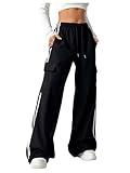 SOLY HUX Women's Cargo Sweatpants Wide Leg Baggy Parachute Pants Y2K High Waisted Track Pants Streetwear Black Striped M