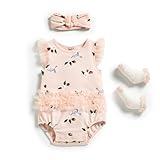 Minicoco Baby Girl Bodysuits with Lace Trim Super Cute Baby One-piece Clothes with Socks and Hairbands (Hummingbird Strawberries, 6-9 Months)