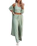 Fessceruna Womens 3 Piece Lounge Sets Pajamas Knit Long Sleeve Cardigan Crop Top Wide Leg Pants Loungewear Set