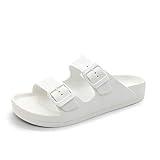 FUNKYMONKEY Women's Comfort Slides Double Buckle Adjustable EVA Flat Sandals (8 M US-Women, White)