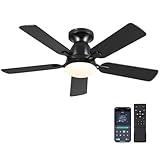 Ceiling Fans with Lights- 46" Low Profile Indoor Ceiling Fan with Light and Remote/APP Control, Flush Mount, LED Dimmable DC Reversible Modern Ceiling Fan for Bedroom（Black）