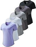 5 Pack: Womens Dry Fit Workout Shirts, Short Sleeve Athletic Gym Tshirts, Ladies Active Long Tees Bulk (Set 4, Large)