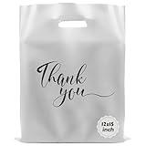 Rainbows & Lilies 100 Thank You Bags,12x15 Plastic Bags with Handles, Shopping Bags for Small Business, Clothes, Gifts, Goodie Bags, Retail Bags, Bulk Gift Bags - Thick Reusable Bags (Silver)