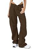 Darong Women Mid Waisted Cargo Pants Wide Leg Casual Pants 6 Pockets Combat Military Trousers 9041 Coffee Brown L