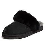 Dearfoams Women's Fireside Sydney Shearling Fur Indoor/Outdoor Scuff Slipper with Wide Widths, Black, 9