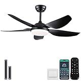 Kviflon 46 Inch Ceiling Fans with Lights and Remote/APP Control,Modern Downrods Flush Mount Ceiling Fan with 5 Reversible Blades 6 Speeds, 3 Colors Dimmable for Bedroom Kids Room, Black