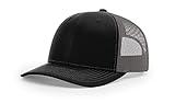 Richardson 112 Trucker Hat - Premium Blank Baseball Cap, Adjustable Snapback Hat - Structured Six Panel Richardson Blank Hats - Black/Charcoal