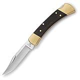 Buck Knives 110 Folding Hunter Lock-back Knife, Brass Bolsters, Ebony Handles, 3-3/4" 420HC Blade with Leather Sheath