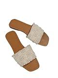 GORGLITTER Women's Faux Pearls Decor Flat Sandals Color Block Open Toe Leather Slide Sandals White 8.5