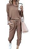 PRETTYGARDEN Women's 2024 Fall Two Piece Outfit Long Sleeve Crewneck Pullover Tops and Long Pants Tracksuit (Dark Khaki,Large)