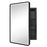 TEHOME Farmhouse Black Metal Framed Recessed Bathroom Medicine Cabinet with Beveled Mirror Rounded Rectangle Bathroom Medicine Cabinet 16x24 inch