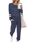 Ekouaer Sweatsuits Womens Loungewear Set Tracksuit Long Sleeve Pajamas Set with Pockets 2 Piece Outfits Lounge Sets Navy Blue X-Large