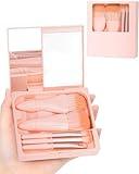 PGRODE Travel Size Makeup Brushes Mini Set with Hard Case and Built-in Mirror, 5Pcs Small Cosmetic Brushes, On the Go Brush Travel Essentials kits for Women, Girls Gift (Light Pink)