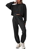 ANRABESS Womens 2 Piece Outfits Lounge Sets Cropped Sweatshirt & Joggers Fashion Sweatsuit Sweat Set 2024 Fall Travel Black Medium