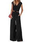 PRETTYGARDEN Women's Summer 2 Piece Outfits 2024 Cap Sleeve V Neck Belted Crop Tops Wide Leg Pant Sets Casual Tracksuit(Solid Black,Medium)