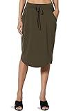 Women's Drawstring Elastic Waist Dolphin Hem Stretch Jersey Pocket Midi Skirt Olive XL