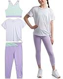 Reebok Girls' Active Leggings Set - 3 Piece Mesh Shirt, Capri Leggings, and Crop Cami Sports Bra - Summer Activewear (7-12), Size 10, Lavender