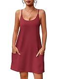 Ekouaer Nightgowns for Women Cotton Sleepwear Adjustable Spaghetti Strap Sleepshirt Racerback Night Dress with Pockets Wine Red 2XL