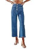 Sidefeel Women's Wide Leg Jeans High Waisted Stretchy Capri Pants Buttoned Loose Denim Pants with Pocket Blue Size 16