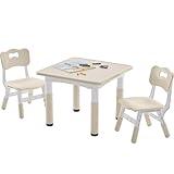 DOREROOM Kids Table and 2 Chairs Set, Height-Adjustable Toddler Table and Chairs Set with Graffiti Desktop, 23.6''L x 23.6''W Children Activity Table for Daycare, Classroom, Home