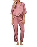 Ekouaer Satin Pajama Set Womens Silk Short Sleeve V Neck Shirt with Long Pant Soft Loungewear Pjs Set Purplish Red