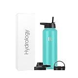 H2 Hydrology Adventure Water Bottle with 3 LIDS | Double Wall Vacuum Insulated Stainless Steel Wide Mouth | Sports Hot & Cold Leak Proof Sweat Free Thermos (40 oz, Aquamarine)