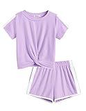 Arshiner Girls Activewear Sets 2Pcs Summer Outfits Twist Front Top Shirts and Shorts Jogger Activewear Tracksuit Clothes Violet 9-10 Y