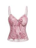 GORGLITTER Women's Bow Knot Floral Printed Cami Top Lace Trim V Neck Sleeveless Mesh Tank Tops Pink Large