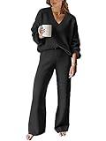 ANRABESS Women 2 Piece Outfits Sweater Lounge Sets Long Sleeve Cable Knit Pullover and Wide Leg Pants Tracksuit Matching Set Black Medium